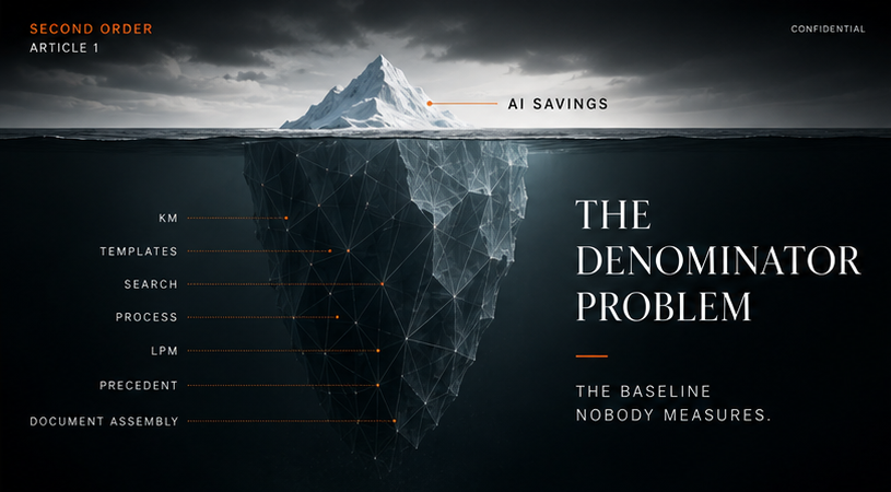 The Denominator Problem article header image showing an iceberg with AI savings above the waterline and legal work layers below it.