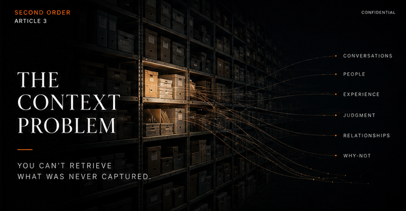 The Context Problem article header image showing archive shelves with signals emerging from a lit storage box.